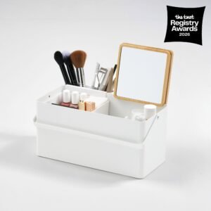 Makeup Organizer with Mirror - Steel + Wood - White