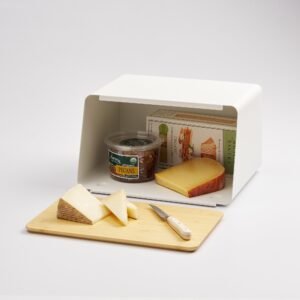 Bread Box with Cutting Board Lid - Steel + Bamboo - White