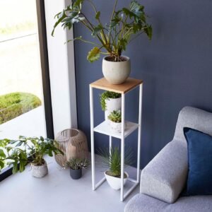 Two-Tier Display & Storage Shelf (31.5" H) - Steel + Wood - White
